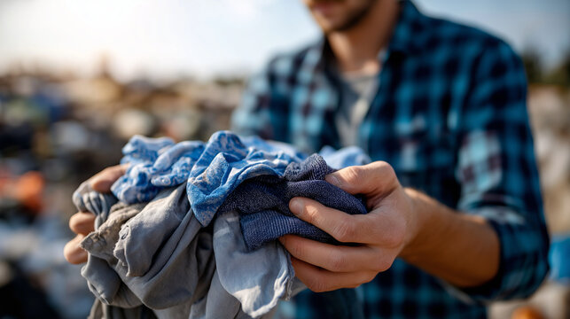 Rear view of rag picker separating cloth at landfill site, faceless worker, waste management, textile sorting, environmental labor, defocused garbage background, , with copy space