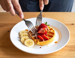 Primer plano de waffles reci&eacute;n hechos con banana y fresas, cortados con cuchillo y tenedor sobre un plato, luz natural y estilo culinario moderno.