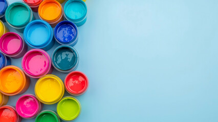 a vibrant collection of open paint pots arranged along the left side of a light blue surface. Colors include various shades, suggesting a palette intended for creative artwork