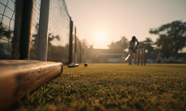 Cricket Batsman Practicing Shot in Training Nets During Evening Light,Professional Cricket Net Practice with Batsman Hitting Ball,Cricket Training Session,Outdoor Cricket Batting Practice,Coaching Con