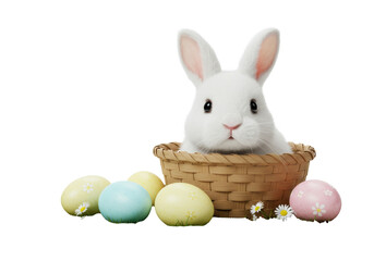 White fluffy rabbit peeking from a woven wicker basket with pastel Easter eggs on green grass and daisies against a transparent studio background with copy space, heartwarming Easter holiday scene