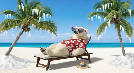 Relaxed polar bear in Hawaiian shirt and sunglasses on a tropical beach