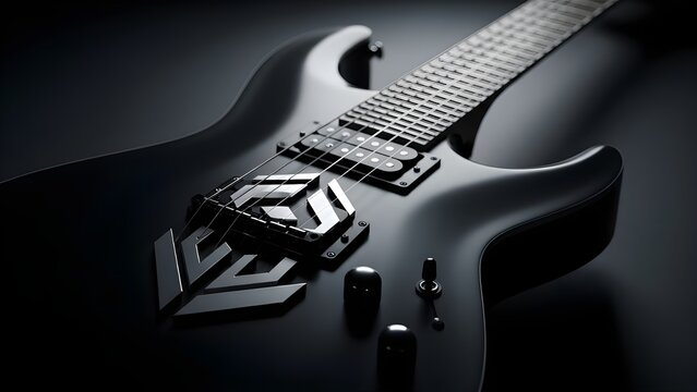 Closeup of black electric guitar bridge and pickups