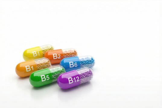 Colorful vitamin B capsules B1 B2 B5 B6 B12 supplement healthcare concept