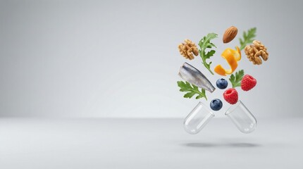 Open capsule healthy food ingredients fish nuts berries vitamin supplement concept