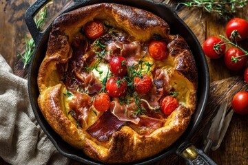 Skillet Yorkshire pudding a fluffy golden side dish featuring prosciutto mozzarella and cherry tomatoes elegantly presented for a recipe showcase