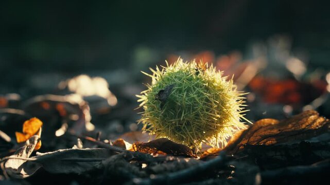 Green spiky chestnut burr resting on brown fallen leaves. Macro view of autumn forest floor detail with soft lighting. Seasonal nature texture.