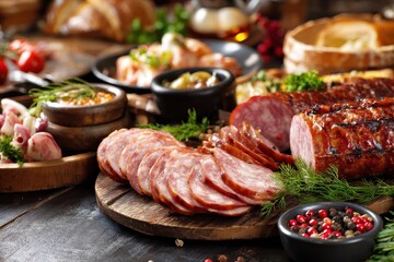 Newly cut sausage alongside various starters and meals on the celebration table