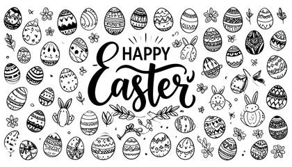 Happy Easter hand drawn illustration with eggs and bunnies.
