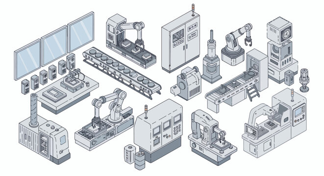 Isometric illustration of various industrial machinery and automation equipment, including robotic arms, conveyor belts, control panels, and manufacturing units.