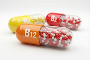 Vitamin B12 capsule with B2 and B6 supplements isolated on white background