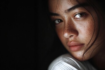 Young woman looks at the camera with gentle expression