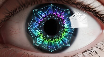 Futuristic digital eye with neon geometric hologram technology concept