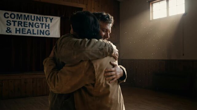 Two people hug in a room with a sign that says Community Strength and Healing. Scene is warm and comforting
