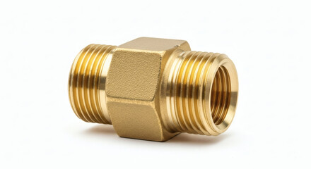 Brass Hex Nipple Connector on white Plumbing part industrial fitting close up.