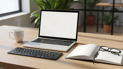 Fototapeta premium A comfortable workspace with a laptop, keyboard, notebook, glasses, and a mug of coffee on a wooden desk