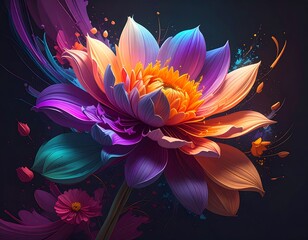 Vibrant multicolored flower with petals and buds against dark background
