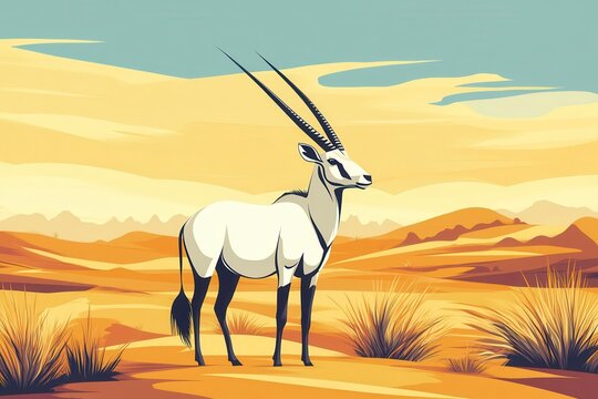 Isolated Arabian oryx in desert setting Dubai UAE