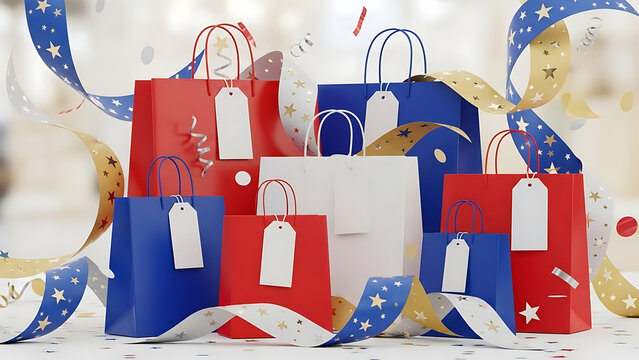 Festive shopping bags in red, white, and blue colors adorned with ribbons and confetti, perfect for celebrations and gifts