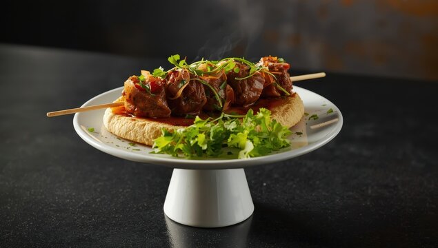 Kebab wrapped in pita, served on a plate atop a black table, garnished with greens