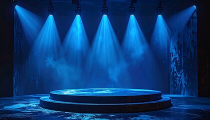 Illuminated Stage with Blue Spotlights for Product Presentation.