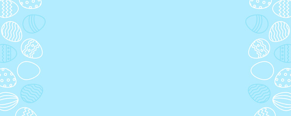 Easter banner with white blue eggs. Egg frame border. Spring april holiday, celebration. Copy space. Decoration print, banner, background. Vector illustration. Flat design.