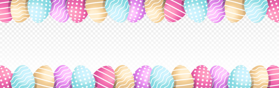 Easter banner with colorful cartoon flat 3d eggs. PNG transparent background. Egg frame border. Spring april holiday, celebration. Decoration design, print, banner. Vector illustration.