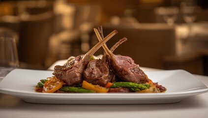 Lamb chops served with assorted vegetables at an upscale eatery