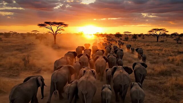 A vast herd of elephants journeys across the African savanna at sunset, captured in a breathtaking drone view.