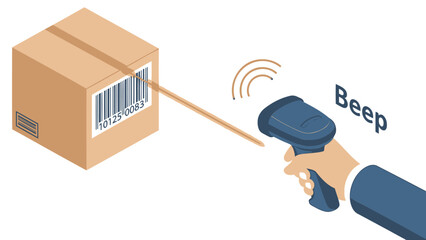 Hand scanning barcode on a cardboard box with a barcode scanner beeping