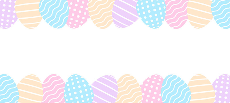 Easter banner with colorful eggs. Egg frame border. Spring april holiday, celebration. White background. Copy space. Decoration print, banner. Vector illustration. Flat design.