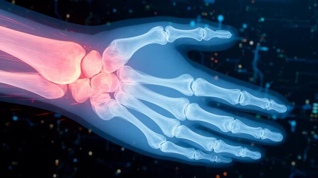 X-ray image shows human hand with bones and joints clearly visible in anatomical detail