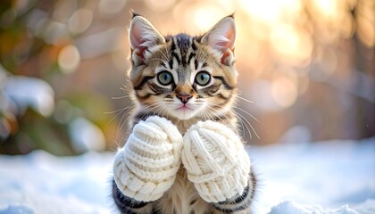 Adorable kitten wearing mittens in a snowy winter scene.