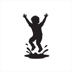 Boy jumping in a puddle silhouette vector illustration