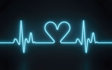 Neon heartbeat ecg line art with heart symbol