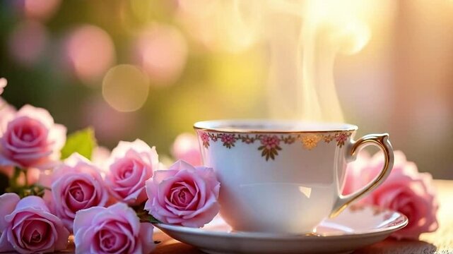 Elegant teacup with steam and fresh pink roses, bokeh background. Warm beverage concept for relaxing morning or afternoon tea.