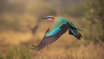 Fototapeta premium Lilac-breasted roller bird soaring in its natural African environment