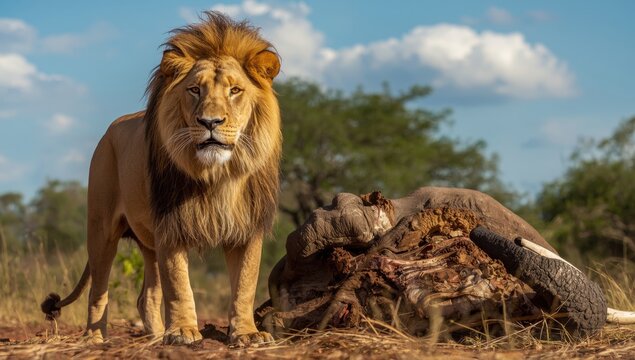 Lion by elephant remains in Antares Bush Lodge, South Africa
