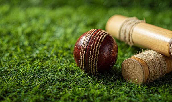 Cricket Ball Resting Against Wooden Stumps on Green Grass,Cricket Match Setup with Ball and Wickets on Grass Field,Close Up of Cricket Ball and Stumps,Cricket Equipment Scene,Cricket Ground Detail,Cla