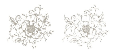 Vintage Peony Line Art. Trendy floral peony bouquets and flowers. Botanical Line Drawing Peony Collection. Hand drawn baroque flower bouquets. Peony Outline © Xenia