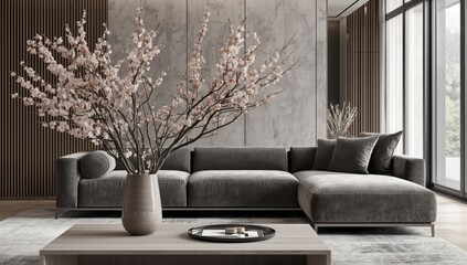 Living room featuring a grey couch and flowering branches in a vase on a table