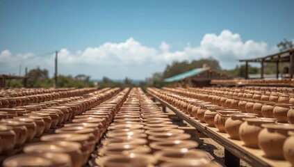 Long lines of ceramics drying in the sun