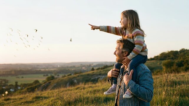 A man and a little girl are pointing at birds in the sky. The man is wearing a blue jacket and the girl is wearing a striped sweater