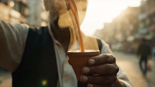 Indian street vendor pouring hot masala chai in slow motion