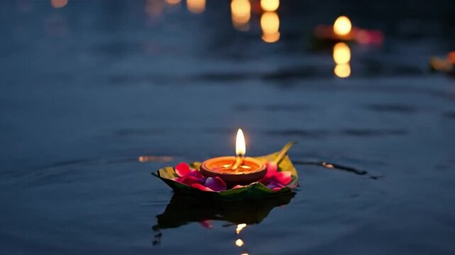 Floating diya lamp in river during Diwali night celebration