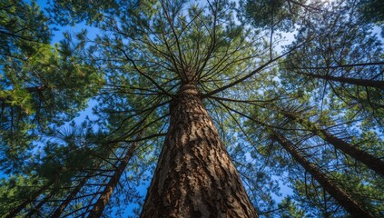 Looking up at a tall pine tree in a serene forest, with branches stretching skyward and sunlight filtering through the trees