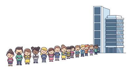 Diverse group of cartoon characters standing in a long queue.