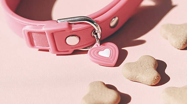 Pink pet collar with heart-shaped charm placed on a pastel pink surface alongside heart-shaped dog treats for a playful pet accessory display