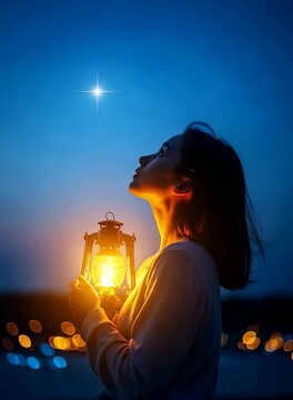 Young woman gazing at star while holding lantern outdoors at night  