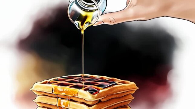 Hand pouring syrup over stacked waffles on a blurred background  